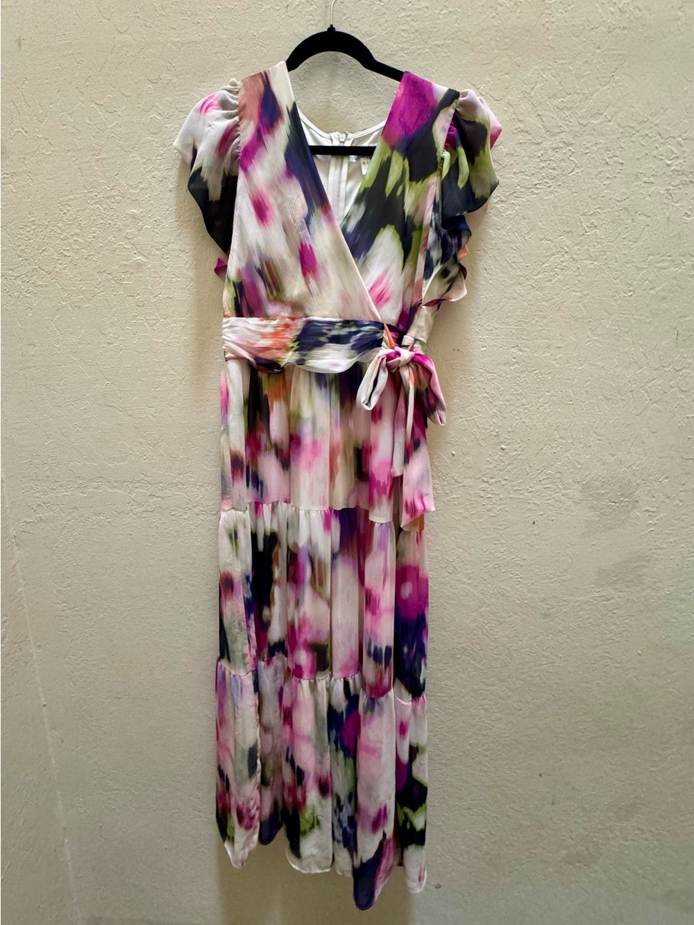 DKNY Women’s Size 10 Floral Watercolor Wrap Dress in Pink and Green